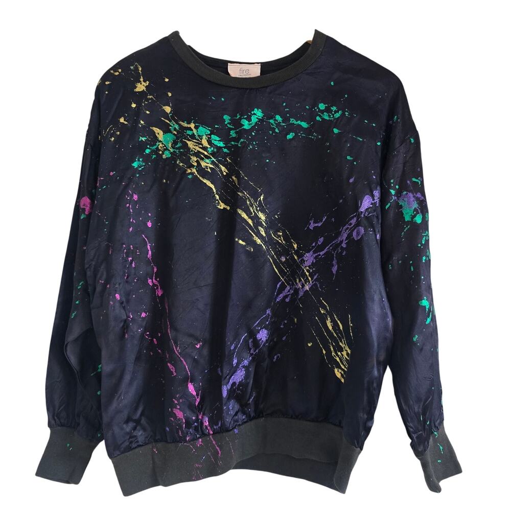 Vintage Womens Paint Splatter Black Satin Sweatshirt Size L made in USA
